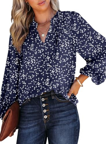 Dokotoo Womens Work Business Chiffon Blouses and Tops Loose Fit Dressy Alicia Floral Print V Neck Smocked Long Sleeve Shirts for Women Office Boho Top Trendy Blue Large