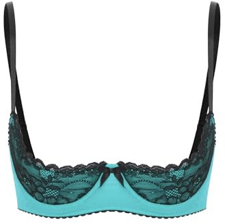 Fldy Women's Underwire Push Up Shelf Bra 1/4 Cup Demi Balconette Sheer Unlined Bralette Top Turquoise A XXL