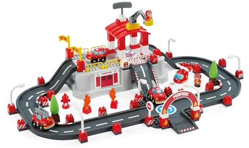 Ecoiffier Abrick Barril estación de Bomberos, Juego de construcción con Pista, camión y Accesorios, Tapa Base de Juego y Almacenamiento Incluido, Juguete Educativo Desde 18 Meses (7900001349)