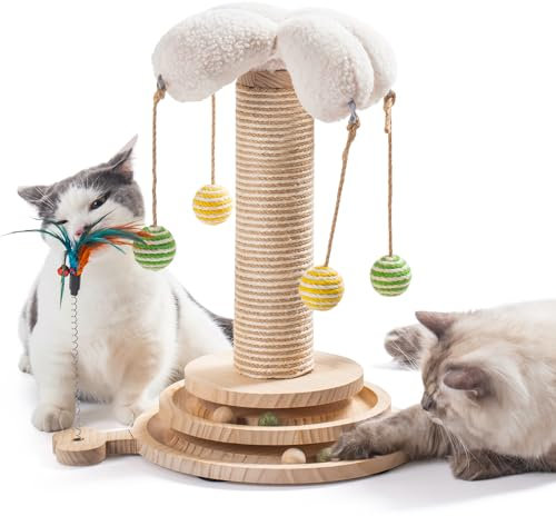 MEWOOFUN 4-in-1 Katzenspielzeug Kitten Spielzeug, Sisalseil für Katzen mit 4 hängendem Ball – Interaktives Katzenspielzeug Holz Track Katen Ball mit Feder (Stil 2)