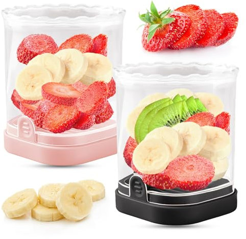 Trancheuse de fruits | Trancheuse de fraises | Trancheuse de bananes | Coupe-raisin | Trancheuse à œufs | Coupe-fruits amovible avec plaque de poussée | Gadget de cuisine créatif (noir + rose)