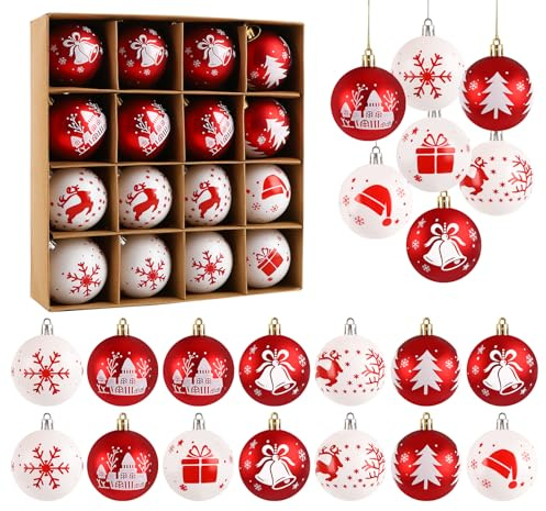 Homewit 16 stycken julgranskulor, 6 cm, julgranskulor, julgransprydnader, röda och vita set med julgranskulor, lämpligt för juldekoration, familjefester, helgdagsfester
