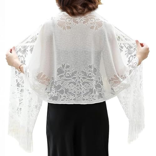 Werownsgso Spitzenschal Schal mit Quasten, Weiches Netz Fransen Wraps, Damen Pailletten Floral Schals, Damen Stola Festlich für Brautkleid, Hochzeit, Abendkleid, Festlich (Weiß)