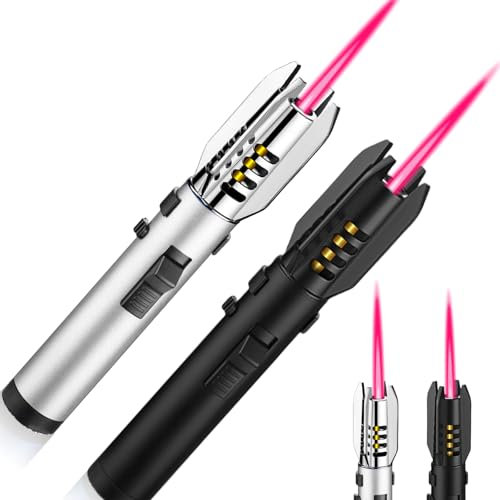 2 Stück Jetflamme Feuerzeug, 20.5 cm Gas Nachfüllbar Winddicht Sturmfeuerzeug, Männer Stabfeuerzeug Lang für Kerzen, Küche, Kamin, Grill, Feuerwerk, Schwarz+Silber (Verkauft ohne Butangas)