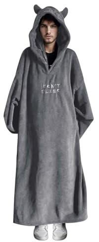 Beokeuioe Camicia da notte in flanella, in pile, da uomo e da donna, vestaglia lunga invernale, accappatoio, biancheria da letto, a maniche lunghe, A grigio., L