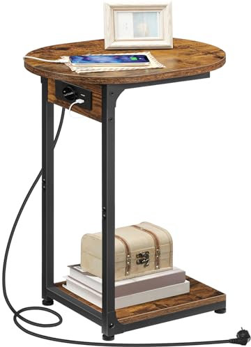HOOBRO Beistelltisch mit Ladestation, C-förmiger Beistelltisch, unter dem Sofa verschiebbarer Sofatisch, Nachttisch für Wohnzimmer, Schlafzimmer, Vintagebraun und Schwarz EBF18CSF01