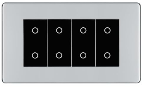 BG Nexus Screwless Polished Chrome Quad Secondary Touch Dimmer Switch Black Inserts FPCTDS4B