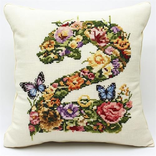 Kit di cuscino gancio di chiusura per adulti, motivo floreale, numero 2, tappetino fai da te, kit di fabbricazione del cuscino, motivo colorato, tela stampata, federa, kit di decorazione 43 x 43 cm