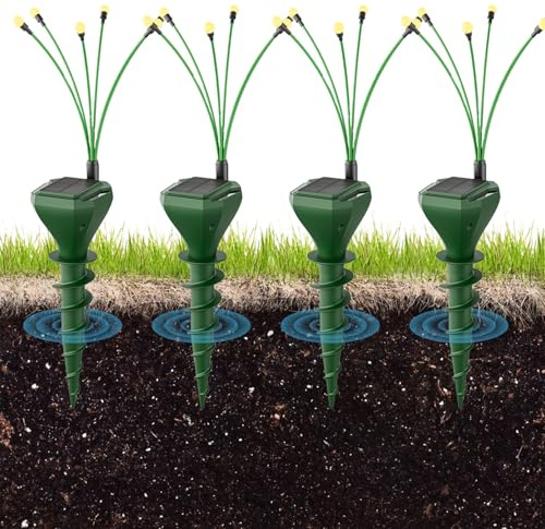 4 Pack Solar Mole Repellent Stakes for Lawn - Gopher Deterrent with Firefly LED Lights, Waterproof Outdoor Pest Control for Voles, Groundhogs, Snakes - Humane Pet Safe Solution