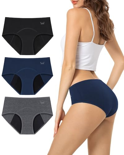 Bragas Menstruales Mujer Algodon 60ML, Bragas Postparto de Protección Hygiénia Absorbente y Lavable, Ropa Interior Mujer Ecológica y Reutilizable para la Menstruación, Negro+Azul+Gris, Pack de 3, 3XL