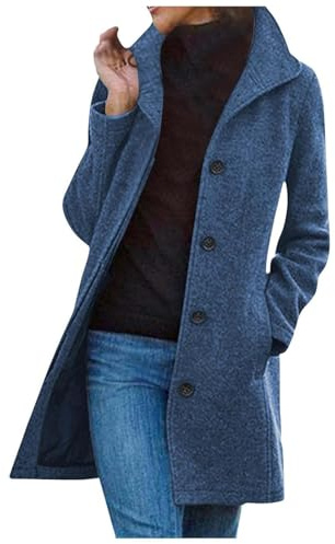 QIUhhpuy Manteau Femme Hiver Élégant Laine Veste Longue Manteau d'hiver à Revers Trench-Coat Boutonnage Chic Manteaux Chaud Couleur Unie Veste avec Poches Outwear Printemps Automne Hiver