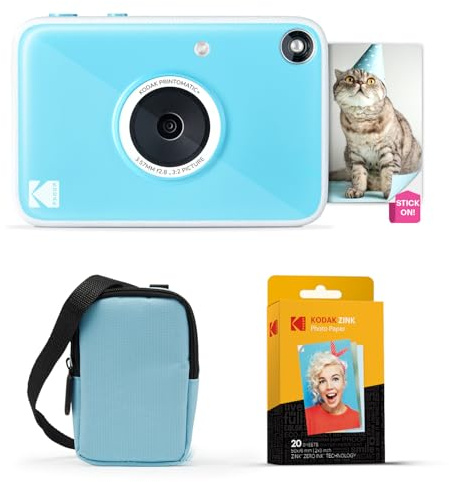 KODAK Printomatic+ Fotocamera Istantanea 10MP Kit Iniziale (Blu) con Custodia, RGB LED e Carta Adesiva Zink 20pz – Blu