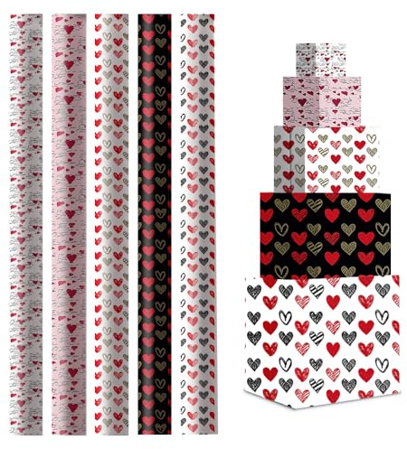 Papel de Regalo 70x200cm (Pack de 5 Rollos) - Diseños Surtidos y de Papel Resistente - Ideal para Envolver Regalos en Cumpleaños, Bodas, Navidad, Fiestas - Corazon