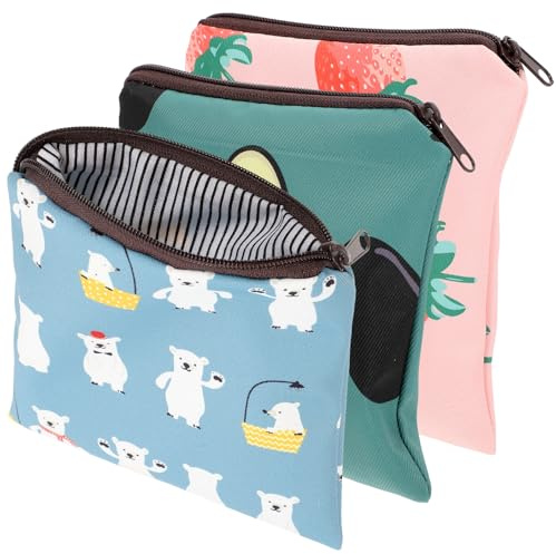 HANABASS 3Pcs Cartoon Sanitary Pad Storage Bag with Button Closure Cute Period Organizer Pouch for School Office Travel Tampon Holder for Women