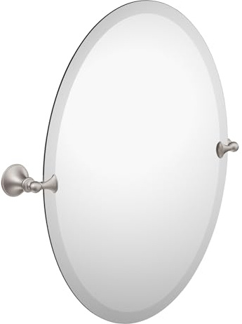 Moen Glenshire Brushed Nickel 26-Inch x 22-Inch Frameless Pivoting Bathroom Mirror, Oval Tilting Wall Mounted Setup, DN2692BN