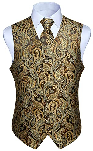 Enlision Men's Paisley Floral Wedding Party Jacquard Waistcoat&Necktie and Pocket Square Vest Suit Set, Gold, 3XL(Chest size 54)