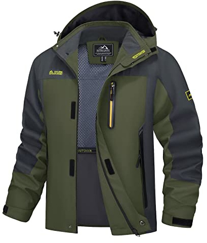 MAGCOMSEN Rain Coats for Men Waterproof Lightweight Softshell Hooded Jackets Windbreaker Hiking Walking Jacket Army Green, 2XL