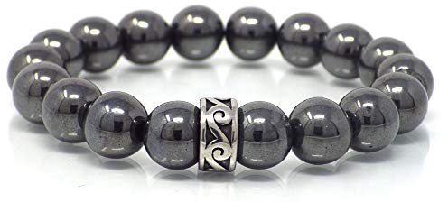 Bracelet noir pour homme avec perle centrale en acier inoxydable et perles en hématite