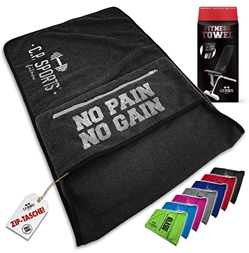 C.P.SPORTS Fitness Toalla de mano de microfibra | fijación + bolsa con cremallera | gimnasio entrenamiento deportivo | extra suave, lavable, larga y grande | para mujeres y hombres | color gris oscuro
