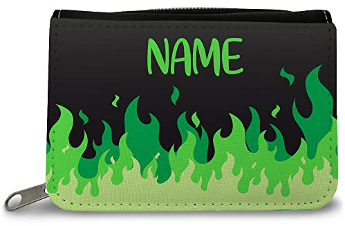 GRAVURZEILE Bedruckte Geldbörse - Flammen Design - Personalisiert mit Namen - Geschenk für Kinder & Teenager für Taschengeld Fahrkarte - für Jungen & Mädchen - Farbe: Grün