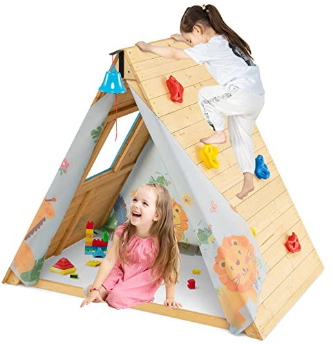 DREAMADE Cabane Enfant Exterieur en Bois Maison de Jeux Triangulaire avec Mur d’Escalade Fenêtre Ouverte Ensemble de Jeux Multifonctionnel d'Activité pour l'Intérieur/l'Extérieur (Naturel)