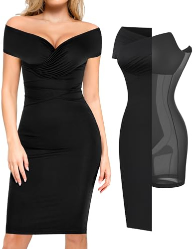 Popilush Off Shoulder Shapewear Dress Formal Cocktail Party Bodycon Midi Dresses for Women Wedding Guest Fall Evening Gown Black