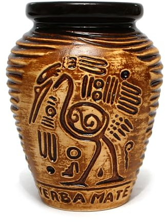 Mate Green Keramik Matebecher 300ml - Honigfarbe AZTEK Yerba Mate Tasse - Traditionelles Aztekisches Muster - Keramik Kalebasse, Braunton - Honig