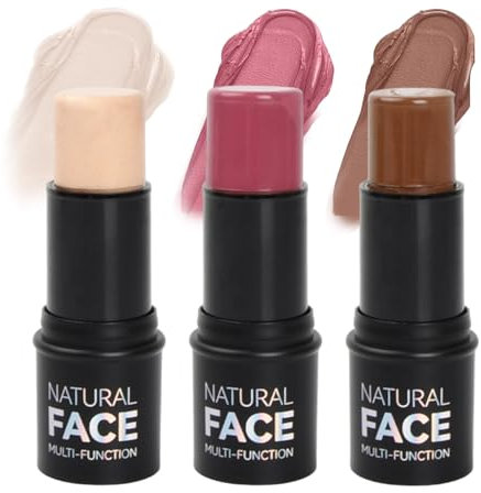 3 Piezas Barra de Maquillaje Multifuncional, Durable Lápiz de Contorno de Crema Rubor Resaltador en Barra, Juego de Contouring Stick Contornea Fácilmente tu Rostro, Apto para Cualquier Tipo de Piel