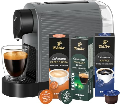 Tchibo Cafissimo „Pure plus“ Kaffeemaschine Kapselmaschine inkl. 30 Kapseln für Caffè Crema, Espresso und Kaffee | 0,8l | 1250 Watt | 11,9 x 33,7 x 24 cm | Grey