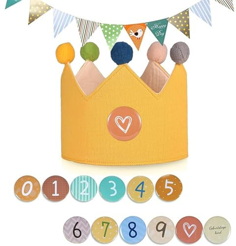 PVFZXS Geburtstagskrone Junge, Geburtstagskrone Kinder, Geburtstagsbanner, Wiederverwendbar Geburtstagskrone für Mädchen Junge, Partyhüte Party Deko, Krone Geburtstag mit Button Zahlen von 0-9