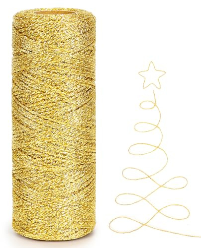tenn well 100M Metallic Gold String, 1mm Christmas Gold Thread Wrapping Twine for Gift, Christmas Bauble Crafts Decoration