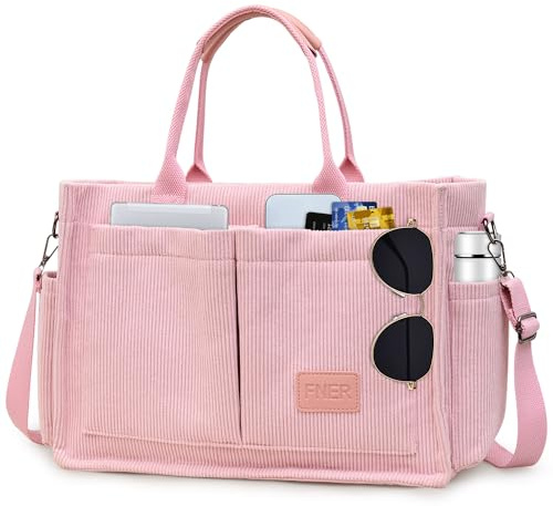 Keyck Tote Bag Bolso Mujer Grande Bolso Bandolera Mujer de Pana con Muchos Bolsillos, Bolso Universidad Bolsos de Hombro con Cremallera y Correa Ajustable para Trabajo Viajes Compras Escuela (Rosa)