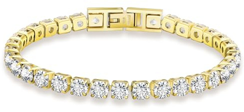 KRKC Damen Armband, 14K Gold Vergoldet 5mm Edelstahl Tennis Armband 5A Zirkonia, Nickel-frei Rostfrei Armkette Schmuck Geschenk für Frauen Geburtstag Muttertag Länge 17,8cm