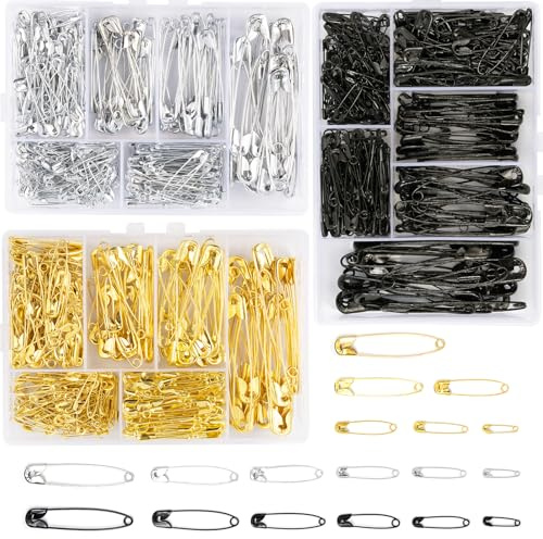Kiperline 900 spille da balia, 6 misure, da 18 a 53 mm, resistenti alla ruggine, resistenti alla ruggine, per abbigliamento, artigianato, cucito, (argento + nero + oro)