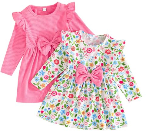 LUVCES Flickor Klänningsset, Långa Ärmar Volang Enfärgad/Blommönster Avslappnad Rosettklänningar 2 Stycken Klänning Höstkläder Kostym För Flickor, B: rosa, 18-24 mesi