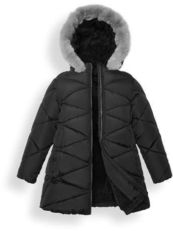 Sunny Sprout Manteau d'hiver avec capuche pour filles - Veste matelassée épaisse pour enfants avec doublure en polaire et manches coupe-vent Noir 10 ans