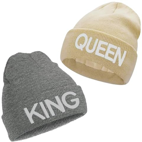 ChAusa 2 Stück King & Queen Strickmütze, Wintermütze Herren, Strickmützen für Herren, Paare Atmungsaktive Hip-Hop Mütze, Warm Beanie, für Jugendliche, Tänzer und Tänzerinnen, Sänger (Weiß,Grau)