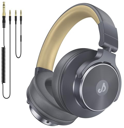 Rumoon trådbundna over-ear-hörlurar, studiomonitor och mixande DJ-hörlurar med 50 mm neodym drivrutiner och 1/4 till 3,5 mm uttag för gitarr AMP Podcast pianotangentbord (grå)