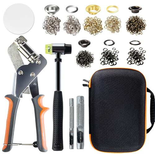 HFDSXS - Stainless Steel Grommet Kit (3/8 and 1/4) Includes a Hammer and Bag and 200 10mm and 300 6mm Grommets. Eyelet and Grommet Tool Kit for DIY Tarp Leather Ring Repair and Installation.