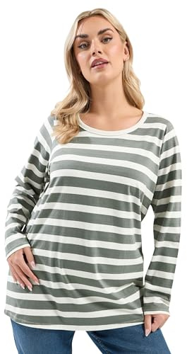 Yours Curve Sage Green Stripe Long Sleeve T-Shirt - Women's - Plus Size Curve