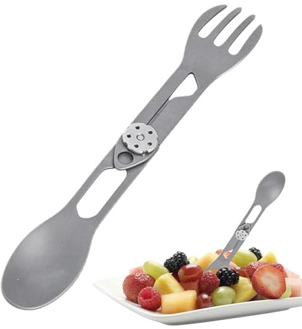 Cuillère-fourchette pliable en de titane - Ustensile multifonction - Couverts compacts et légers pour survie, trekking, randonnée, pique-nique, barbecue, randonnée