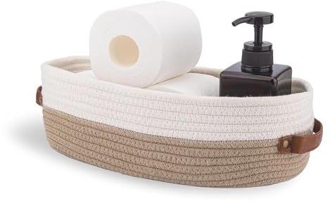 XBAIPIN Cesta de almacenamiento trenzada en cuerda de algodón – | 33 x 15 x 10 cm – Cesto multifuncional para baño, dormitorio, salón – Diseño en color caqui y blanco, natural y decorativo