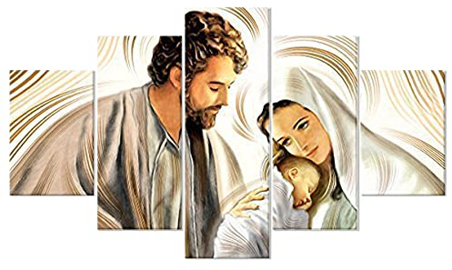Lupia - Quadro Moderno Sacra Famiglia 5 Pezzi in Legno Vogue 66X115 cm Nativity Brown, per Soggiorno, Camera da Letto