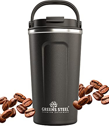 Greens Steel Wiederverwendbarer Kaffeebecher To Go - 480 ml, Schwarz I Trinkbecher mit Deckel & Griff I Edelstahl Thermobecher für Heiß- & Kaltgetränke I Auslaufsicherer Mug für Tee, Kaffee I BPA-Frei