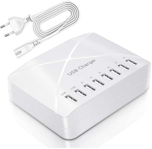 Cargador USB de 40W Multi-Puerto de 8 Puertos Con Detección Inteligente - Estación de Carga para Smartphones, Tablets y Otros Dispositivos (Blanco)