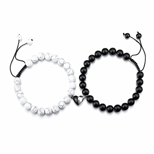 JSDDE Bracelet Magnétique pour Couple Aimant Coeur - en Perles Naturelles Connecté Pierre, Amoureux Élastique