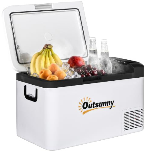 Outsunny Nevera Portátil Eléctrica 25L 12/24V 58,5x33,5x35,2 cm Blanco | Hasta -20℃, Nevera y Congelador de Compresor para Coche, Luz LED, Asas Plegables, Bajo Consumo Energético, Hogar Camping