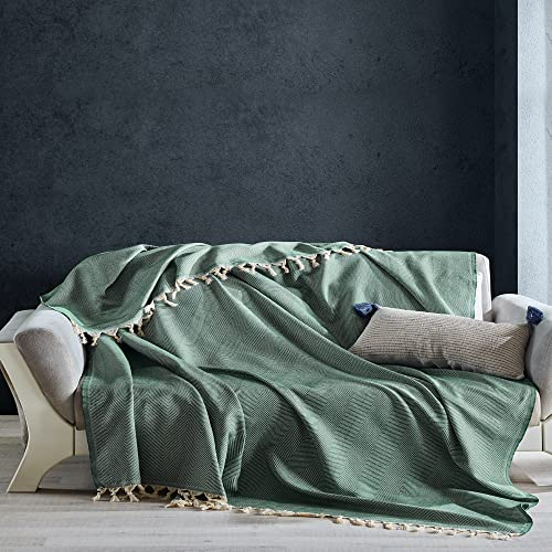 Milam London Cotton Throw For Sofa | Herringbone Throw | Bed Throws Double Size | Summer Blanket | Outdoor And Garden Blanket - 170x230 cm 67x90 - Green