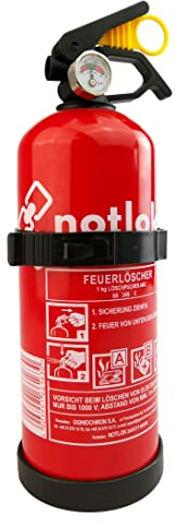 notlok Safety Work - 1kg Pulver Feuerlöscher ABC + elektrische Geräte < 1000 V | 3 Jahre Garantie | Mini Dauerdruck Feuerlöscher Haushalt ideal für Küche Aber auch für Auto | + Feuerlöscher Halterung