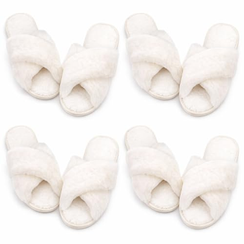 Newcotte 4 Pairs Women's Fuzzy Slippers Bridesmaid Slippers Open Toe Cross Band Plush Furry House Soft Fluffy Cozy(White,9-10)